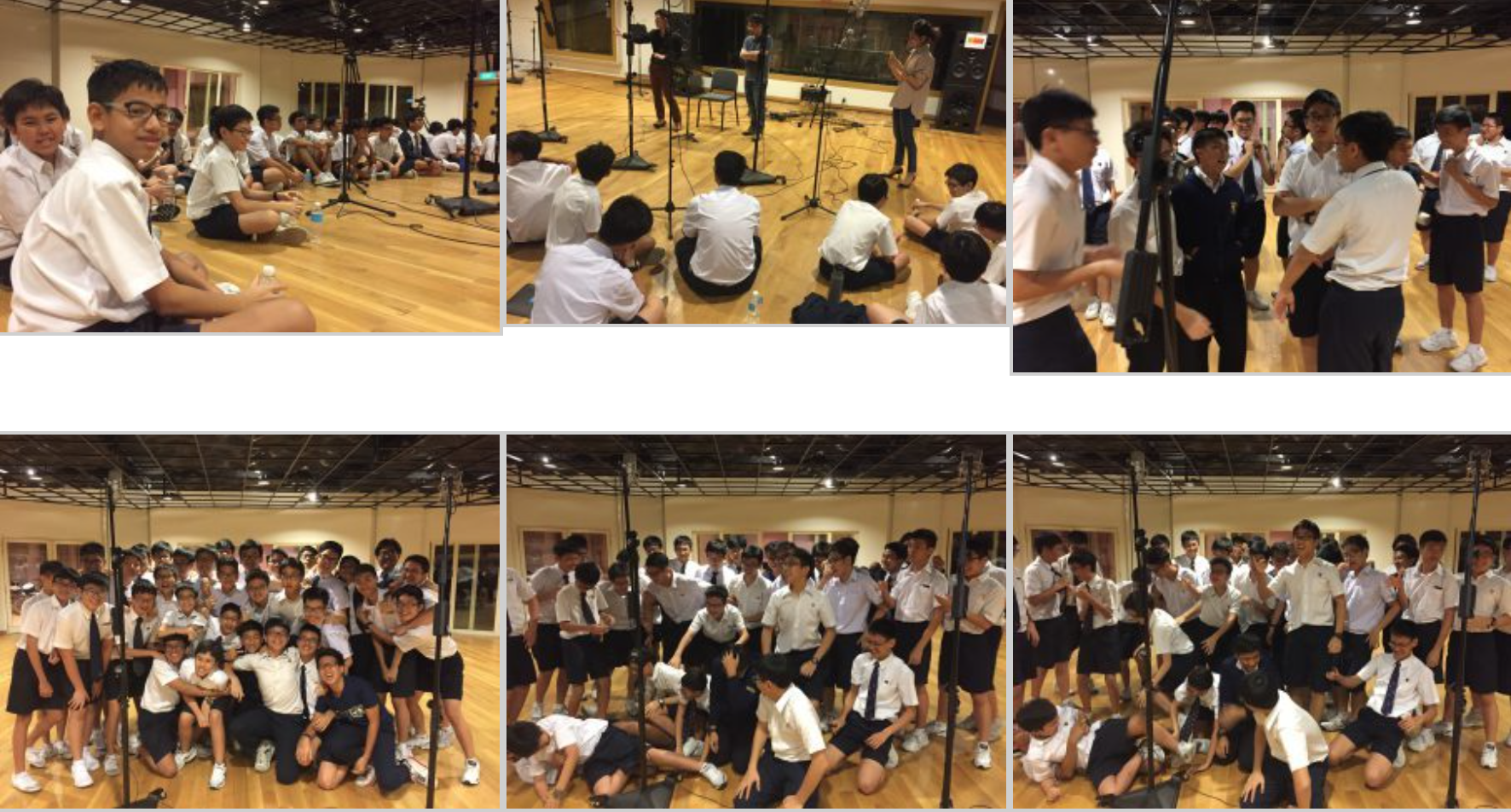 Six photos of uniformed school students in a music room, sitting on the floor and posing as a group.